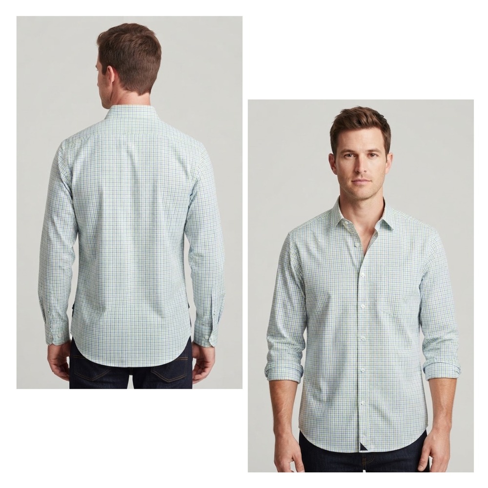 UNTUCKit Men's Small Shirt Green Blue Plaid Check Slim Fit Wrinkle Free Cotton